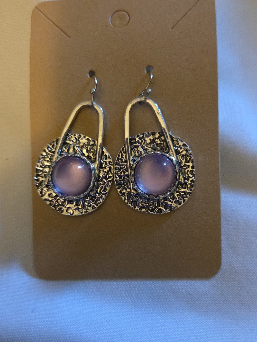 Silver Drop Earrings with Lavender Cabochon